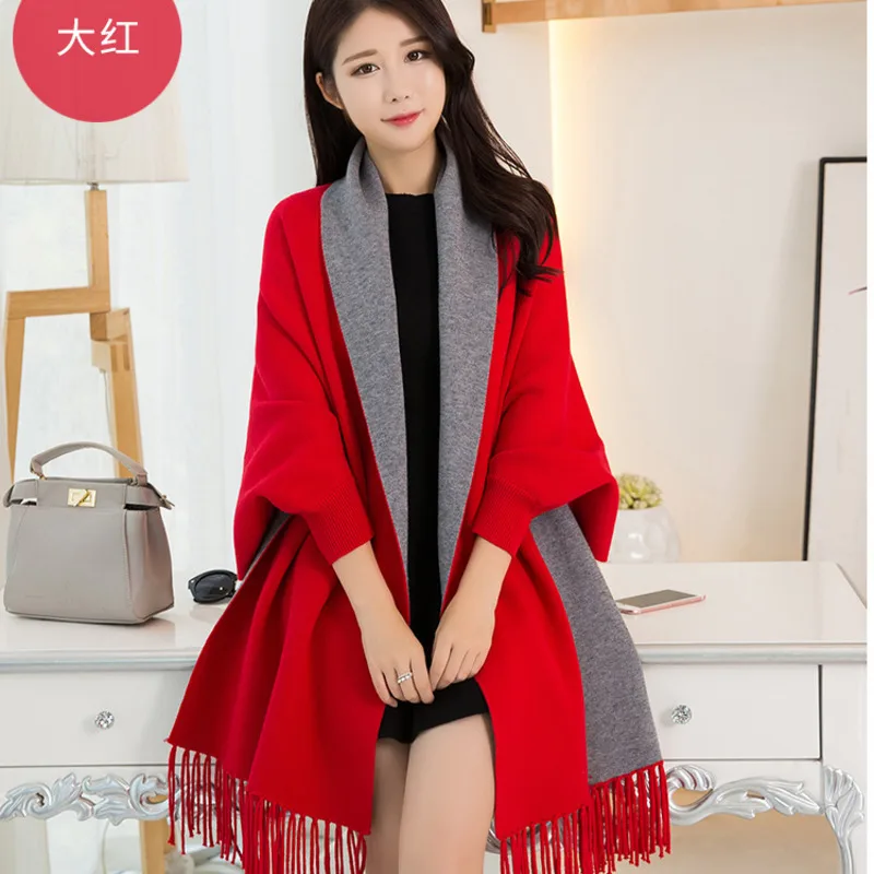 

#4013 Knitted Cape Femme Poncho Women Batwing Sleeved Loose Outerwear Ponchos And Capes With Tassel Warm Solid Color 210CM*70CM