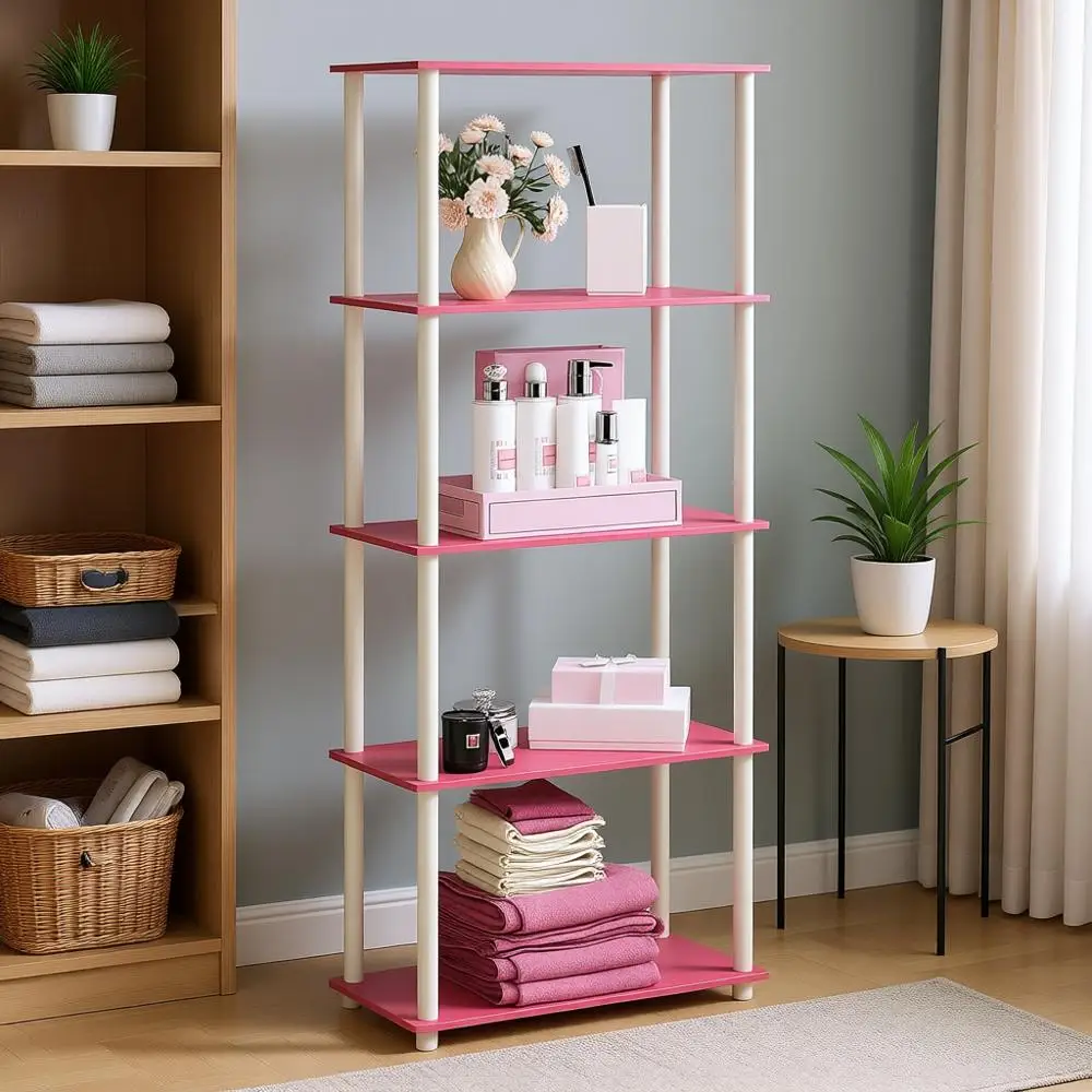 

5-ярусная книжная полка, открытые полки, для организации и хранения, для гостиной, гаража, домашнего офиса, розовая