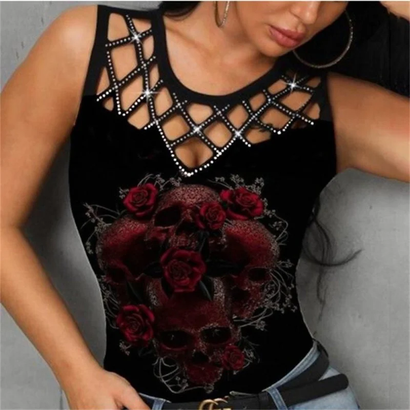 

Sexy Hollow Out O Neck Rose Print Vest Female Summer Sleeveless Commuter Casual Tops Women's Applique Diamond Decoration T-shirt