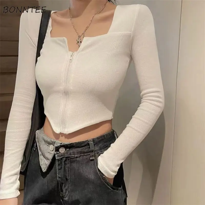 T-shirts Women Zipper Creativity All-match Pure Sexy Basics Delicate Personality Ladies Simple Daily Korean Style Popular New