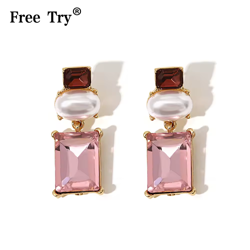 Freetry New Design Pearl Drop Earrings for Women Vintage Geometric Square Pink Glass Dangle Earrings Party Wedding Jewelry