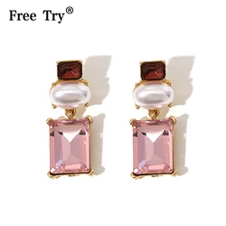 Freetry New Design Pearl Drop Earrings for Women Vintage Geometric Square Pink Glass Dangle Earrings Party Wedding Jewelry