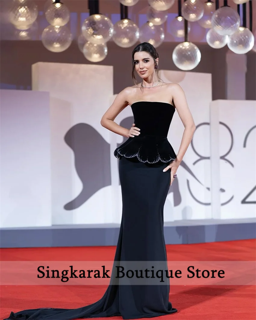 فساتين سهرة حورية البحر سوداء طويلة مخصصة للمناسبات الخاصة بدون حمالات بطول الأرض خرز للحفلات الراقصة 2025