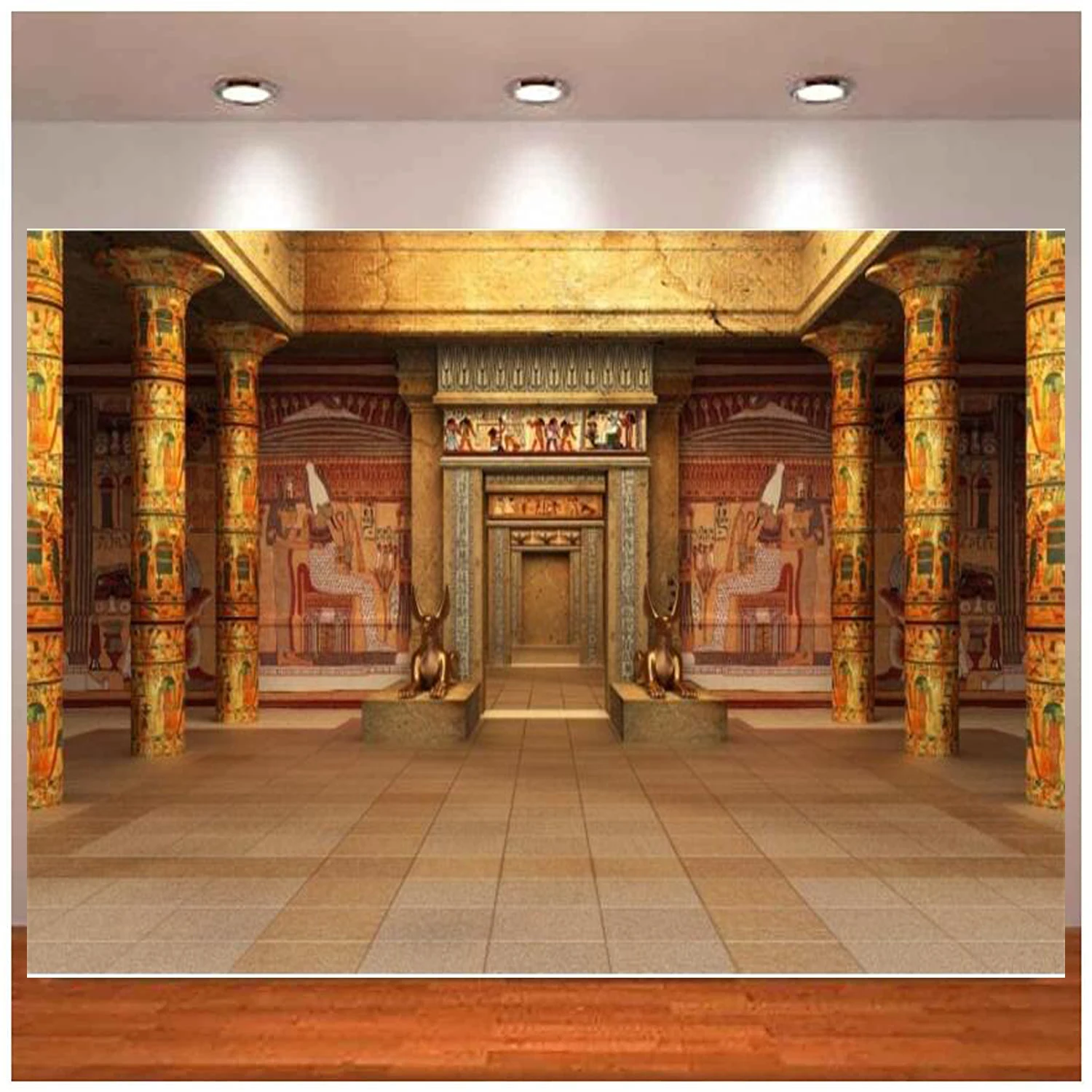 Latar Belakang Fotografi Aula Hypostyle Kuil Mesir Pemotretan Potret Latar Belakang Mural Dinding Hieroglif Istana Mesir Emas