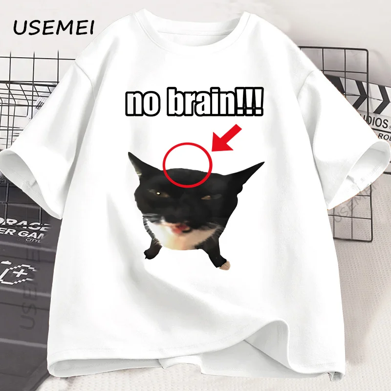 No Brain Cat T-Shirt Funny Unisex Tee Cat Lovers Joke Humor Cute Kawaii Tshirt Male Casual Short Sleeve Tees Mens Clothing