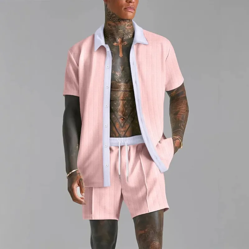 

Summer Men's casual suit patchwork transparent lapel short-sleeved shirt & Shorts Stylish and comfortable two-piece streetwear