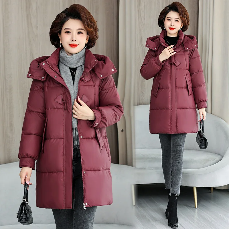 Women Winter Jacket Coat New PU Leather Down Cotton Coat Female Hooded Parkas Warm Mid Long Outerwear Ladies Puffer Overcoat