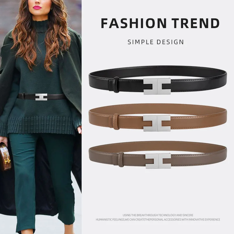 

Women's leather belt, letter buckle versatile dress, high-end decorative belt