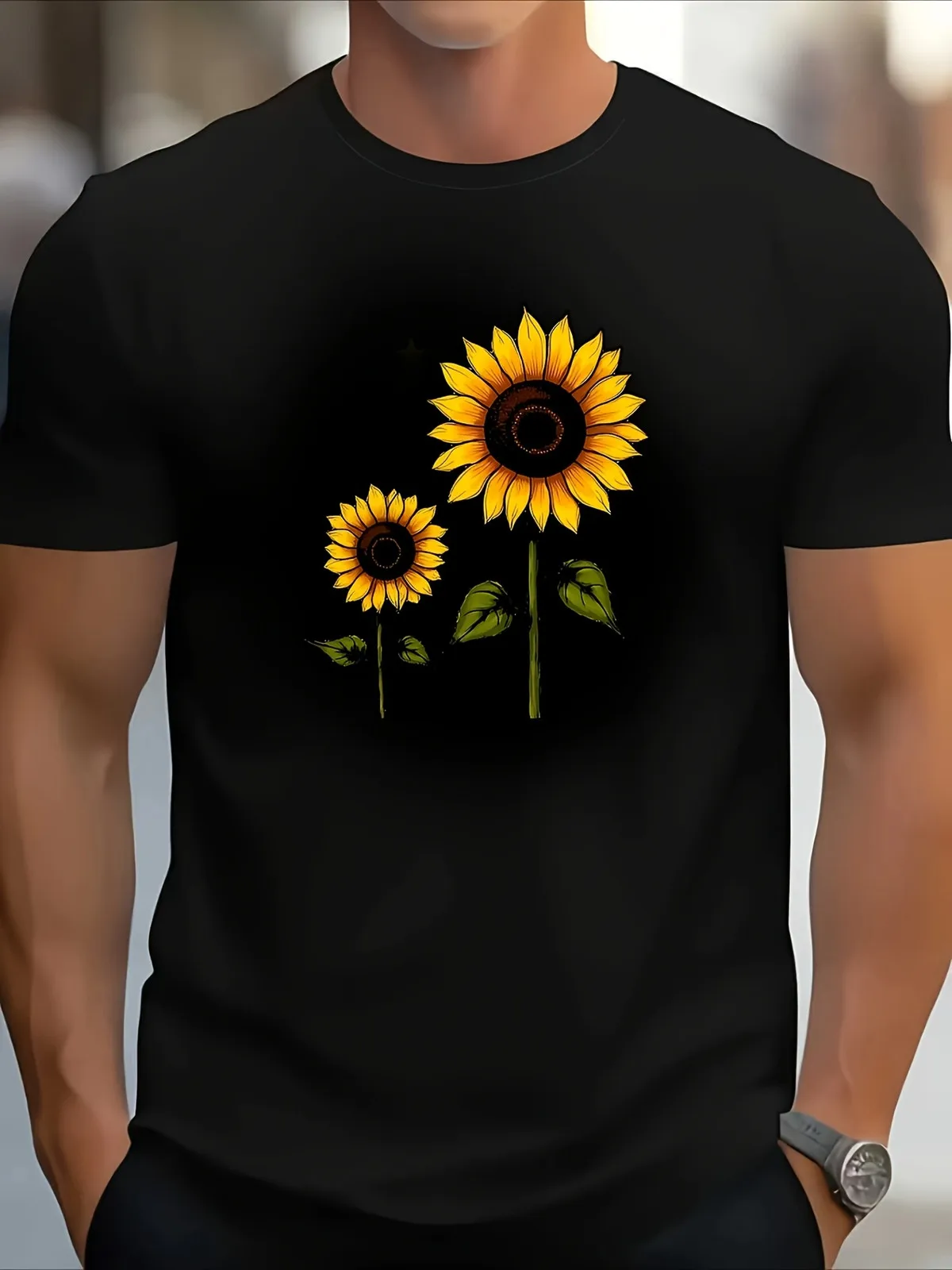 Men'S 100% T-Shirt with Artistic Sunflower Watercolor Print - Olive Green & Yellow Casual Round Neck Short Sleeve Tee, All-Seaso