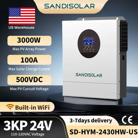 SANDISOLAR 3KW Hybrid Solar Inverter 110VAC 120VAC Output Pure Sine Wave for 24V Battery MPPT 100A Controller Max PV 500V