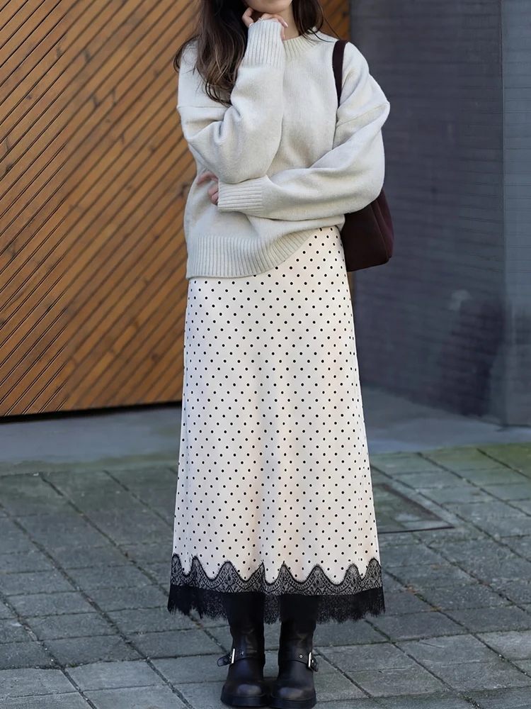 HH Spring Summer Elegant Lace Splice Satin Midi Skirt For Women Fashion Solid Chic High Waist A-Line Female Texture Party Skirt