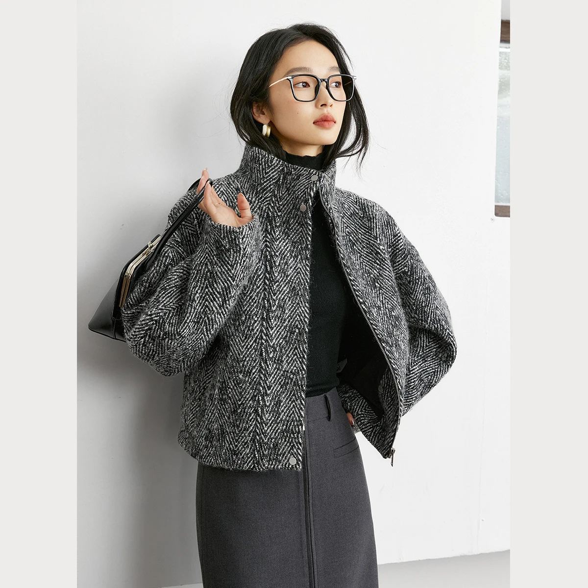 VIMLY Damen Gestreifte Kurze Tweed-Mäntel Winter 2025, Wollmischung, strukturierte Jacke, Stehkragen, Reißverschluss, lange Ärmel, Damenmäntel M9117
