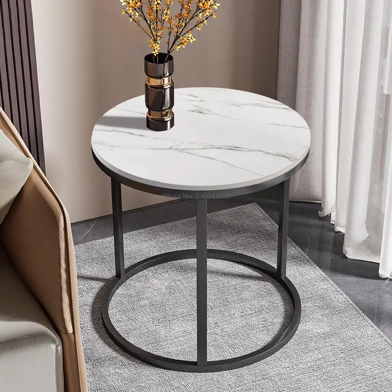 Simple Light Luxury Small Round Tea Table with Marble Edge Iron Frame, Multifunctional Sofa Side Table for Living Room Balcony B