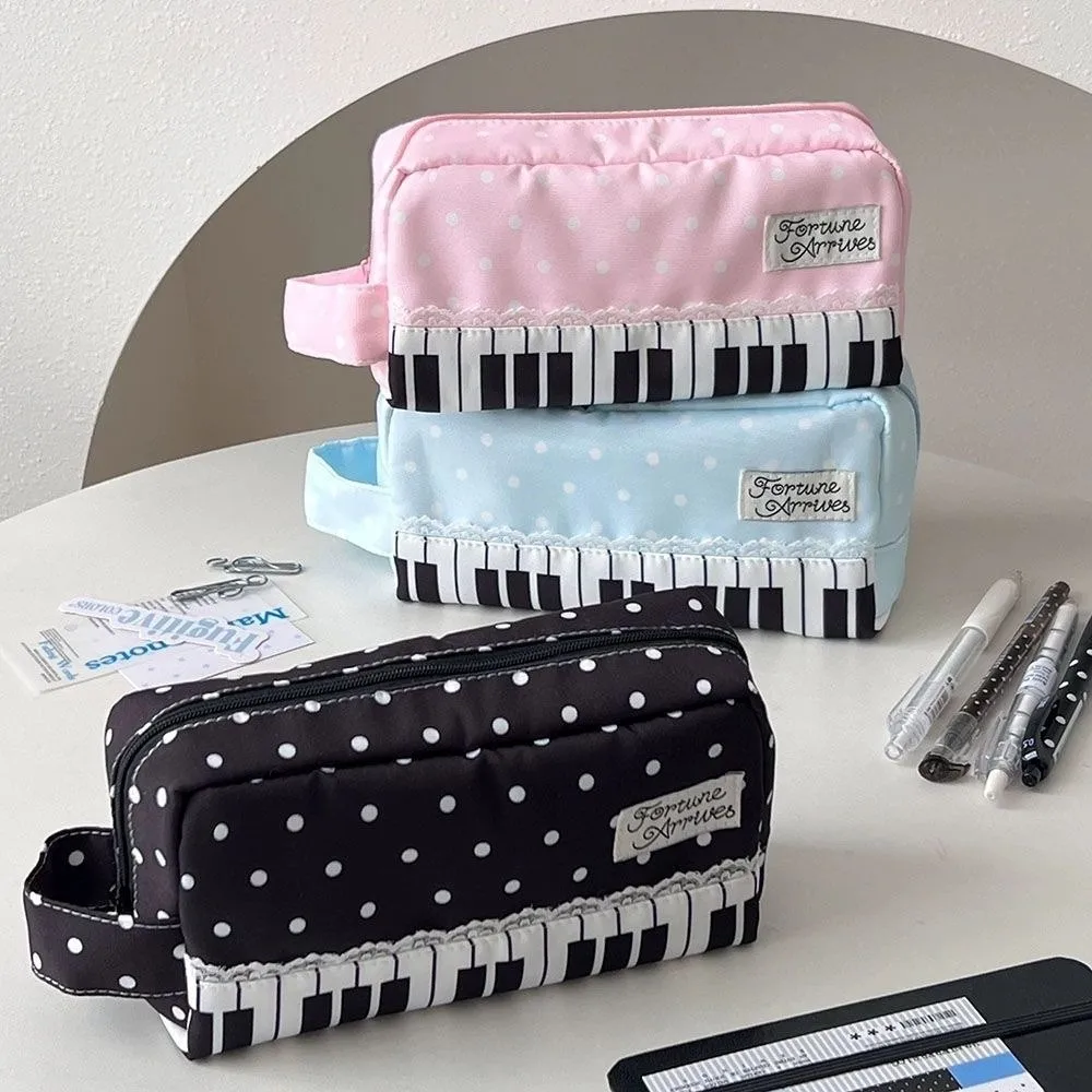 Durable Polka Dot Piano Key Print Pencil Case With Handle Large Capacity Pen Bag Stationery Pouch School Supplies