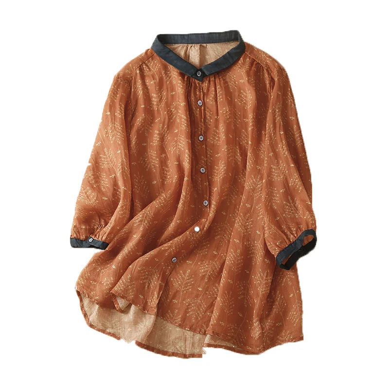 

Floral Print Loose Fit Casual irt Thin ort Sve Women's Summer Faion Agel Sle Large Size Versatile Linen Blouse