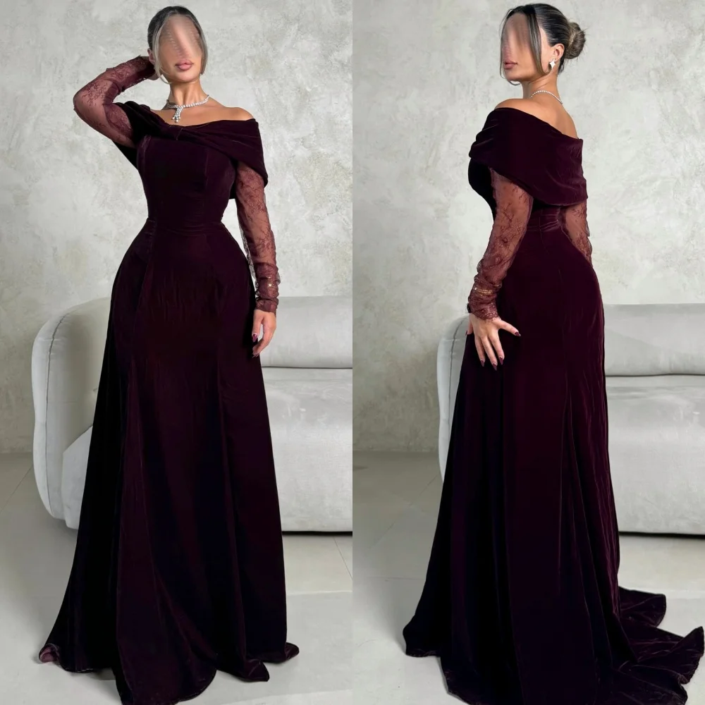 

Customized Elegant Simple Velour Lace Ruched Straight Off-the-shoulder Long Dresses Bespoke Occasion Dresses Modern Style Retro