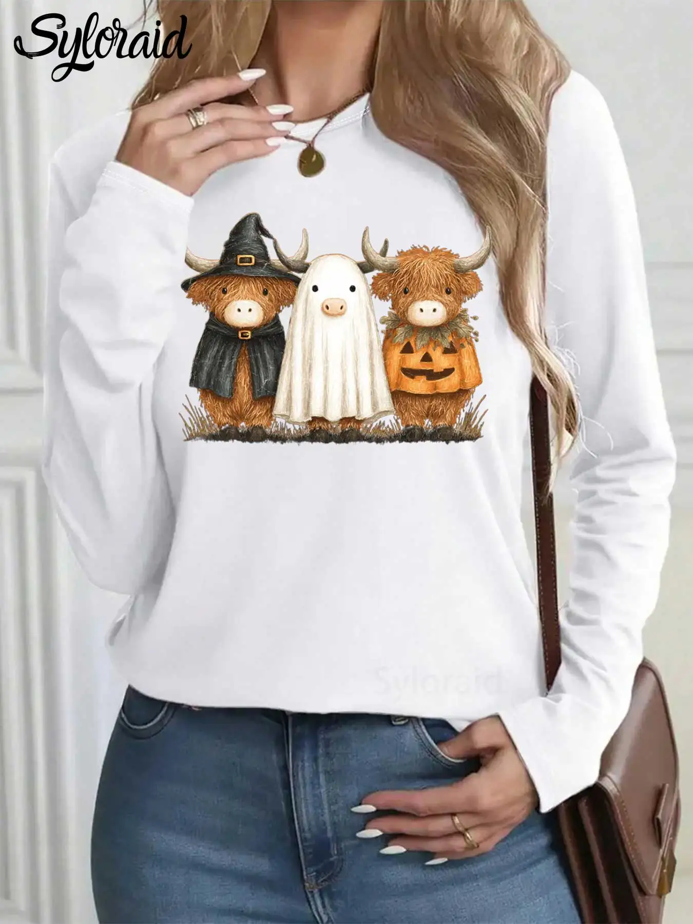 تي شيرت نسائي بأكمام طويلة تي شيرت للهالوين هايلاند بقرة تي شيرت Moo I Mean Boo قميص عصري برقبة دائرية كاجوال #1