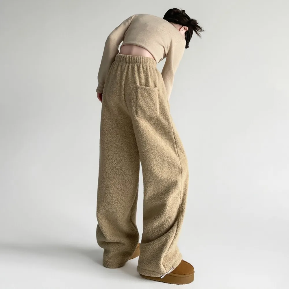 Lazy style wide-leg pants for women winter new double-sided polar fleece high-waisted loose straight pants warm casual pants