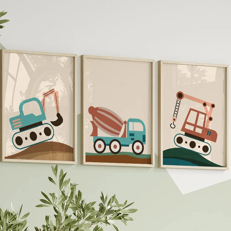 Minimalism Wall Art Posters for Kids Room Decor, Engineering Car, Excavator, Crane, Cartoon Pictures, Nordic Canvas Painting