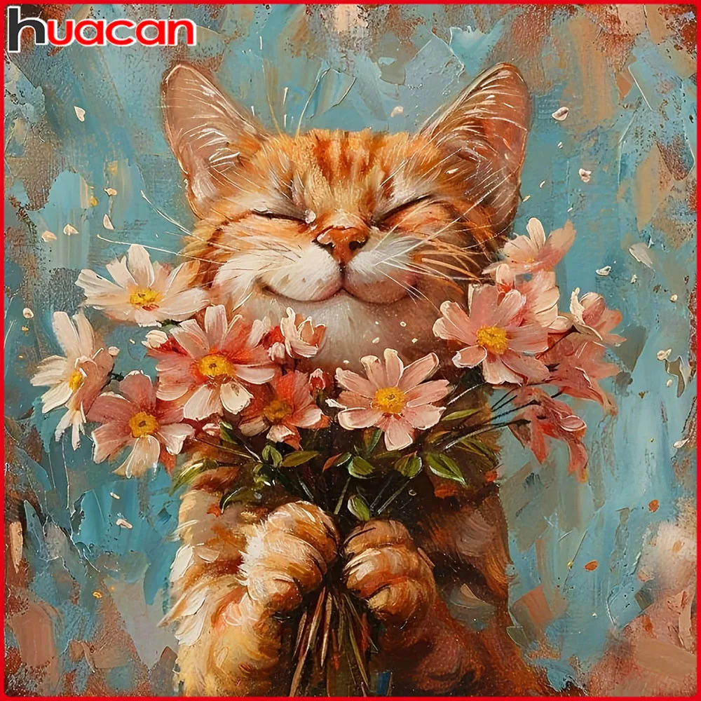 Huacan 5D DIY Diamantmalerei Katze Gänseblümchen Diamant-Mosaik Tier Blume Neue Kollektion Dekorative Gemälde