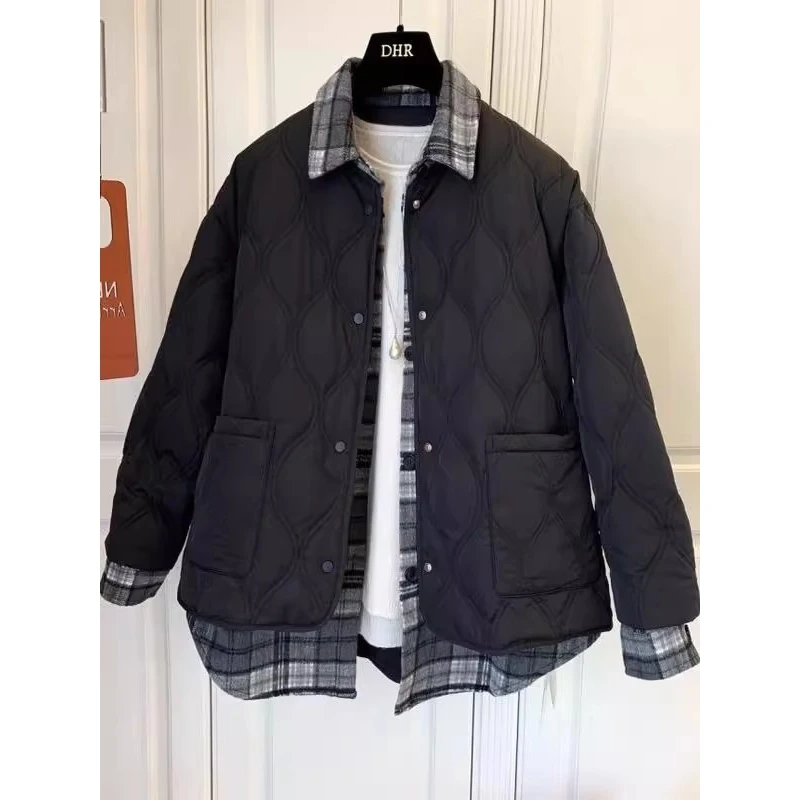 

Thiened Patchwork Cotton irt Warm Autumn Winter Jaet Large Size 300 Pou id Outerwear Men's Loose Fit Daily Wear