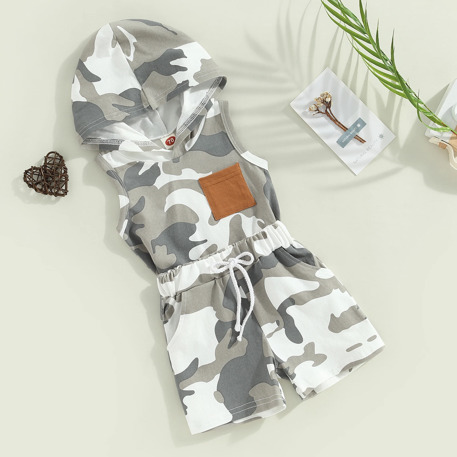 Toddler Boys Summer Outfit Sets Sleeveless Hooded Camouflage Vest + Drawstring Shorts with Pockets