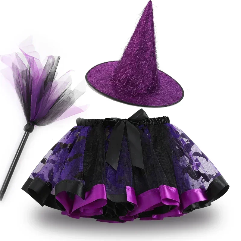 Cosplay Girls Halloween costume witch theme party Carnival sorceress roleplay clothes props print mesh tutu skirt with hat broom