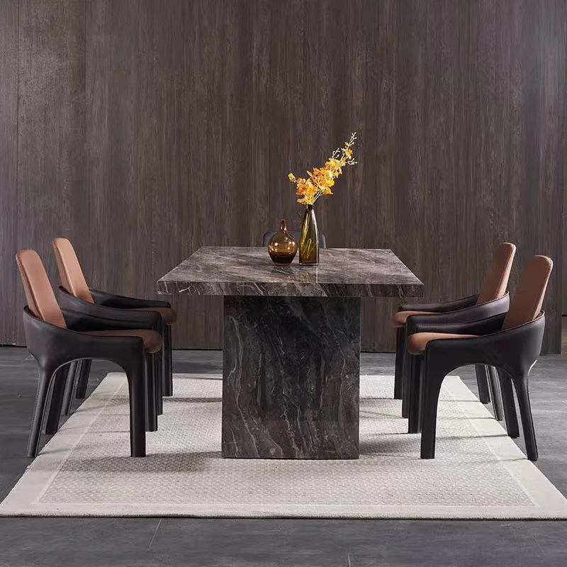 

#Modern Luxury Dining Table And Chairs Rectangular Slate And Stainless Steel For Apartment Or Villa Dining Room