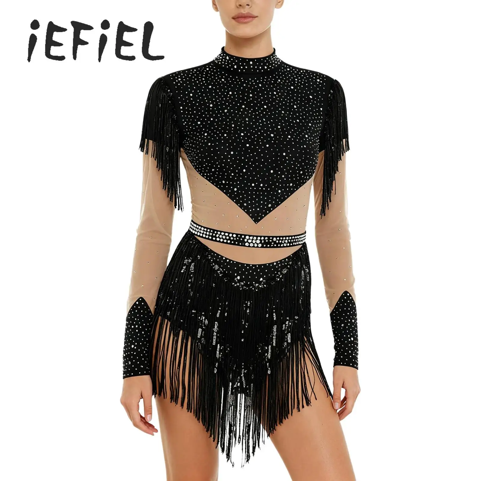

Women Latin Dance Leotard Dress Shiny Rhinestones Sheer Mesh Fringe Bodysuit Skirt Figure Skating Tango Cha-Cha Salsa Dancewear