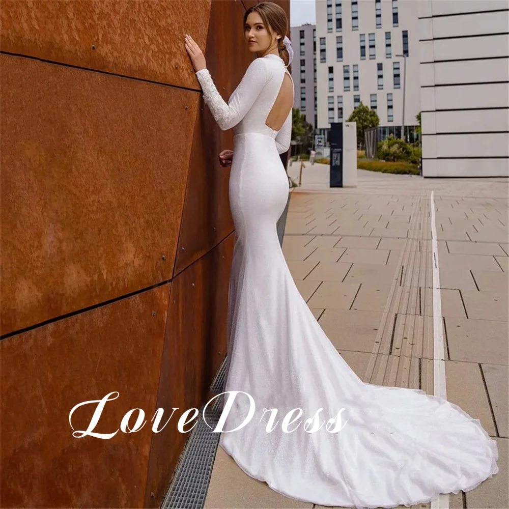 Love Elegant Long Sleeve Lace Applique Mermaid Stain Wedding Dress Simple O-Neck Backless Floor Length Bride Gown Robe de mariée