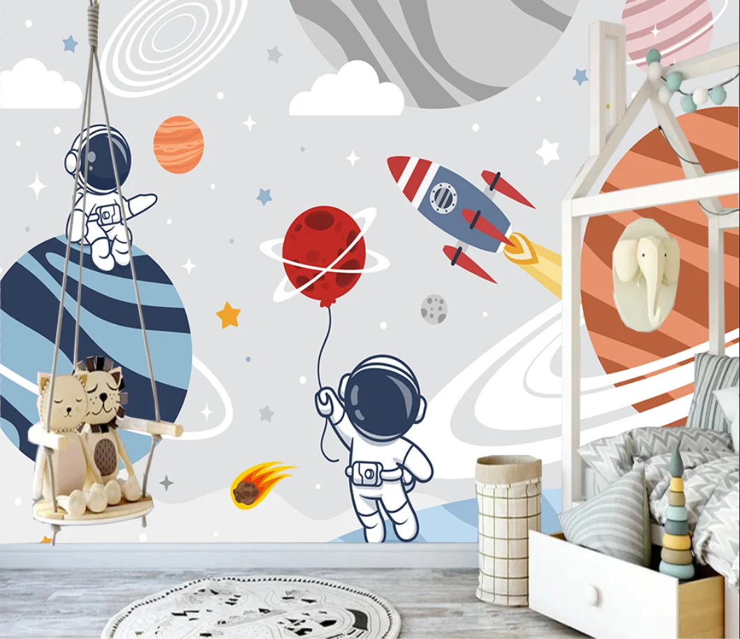

Индивидуальный современный мультяшный космонавт, ручная роспись, космическая планета, ракета, интерьер детской комнаты, дизайн фона, настенный декор