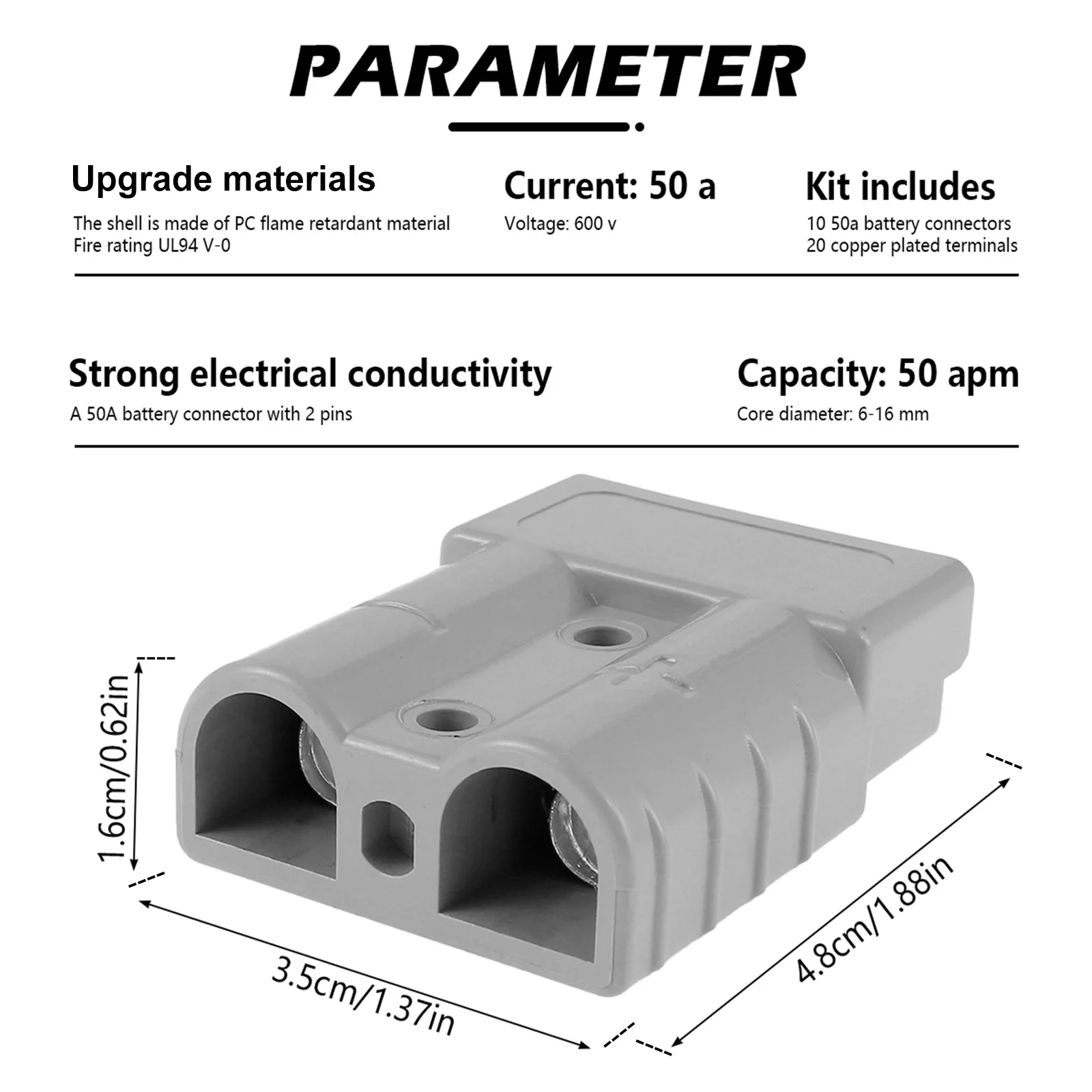20 Set 50A 600V Quick Connect Battery Plug PC Flame Retardant Housing Silver Plated Copper Terminal For EV Motor 7-12 AWG Wire