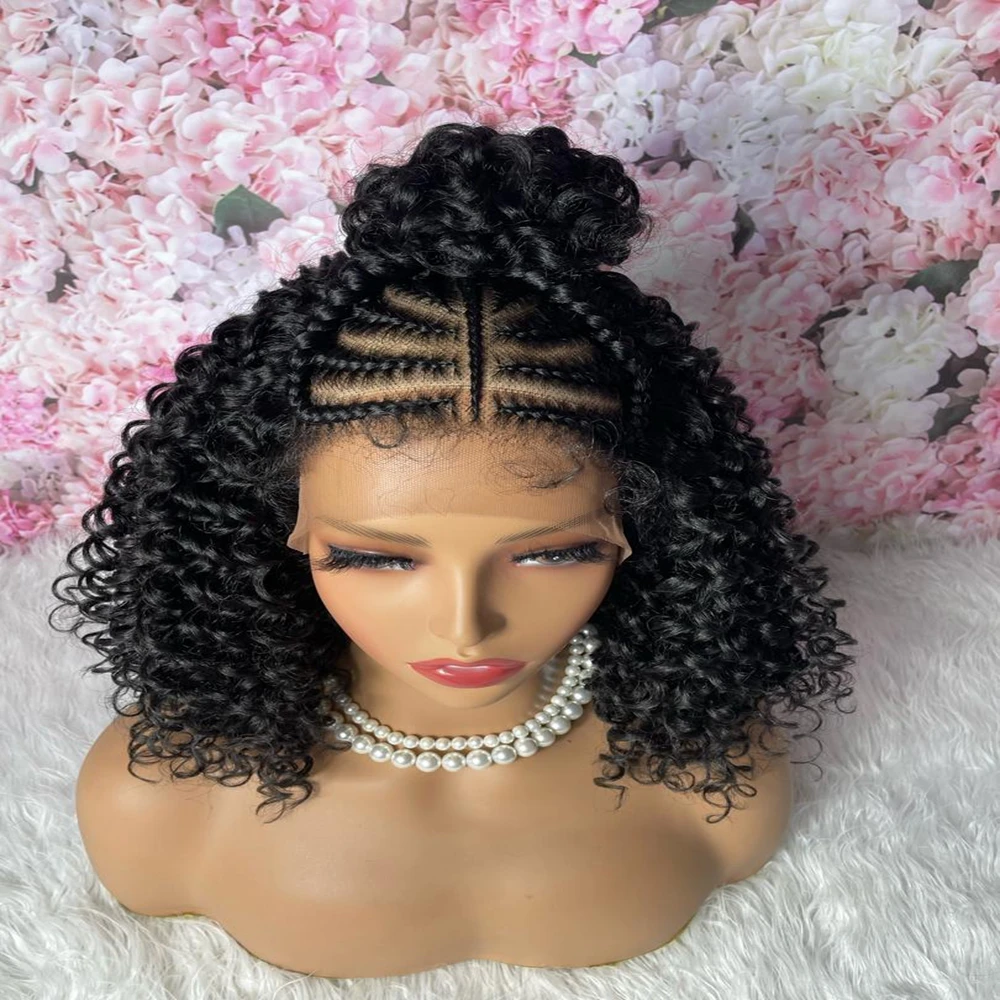 カーリーアフリカンボックスブレイズスタイル合成レースフロントウィッグ、ベビーヘア付き黒人女性用レースフロントウィッグ