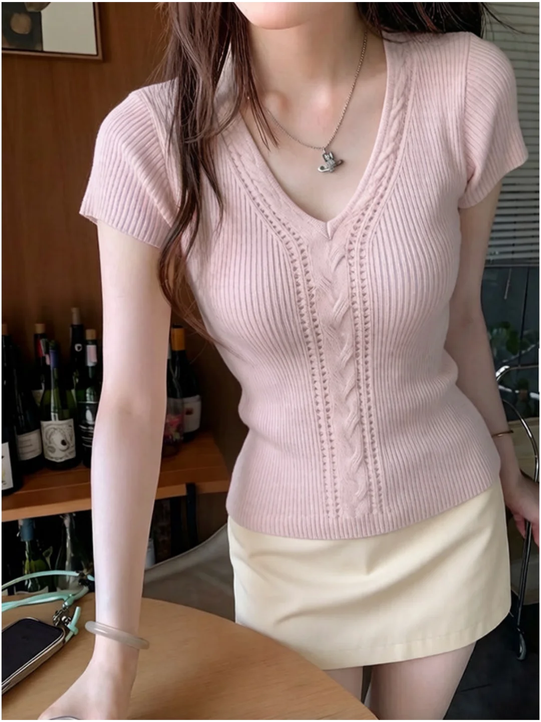 Pink Short Sleeve Knitted Base Shirt Women Summer 2026 New Style Atmosphere Thin V-neck Twist Hollow Top Korean Version Slim Fit