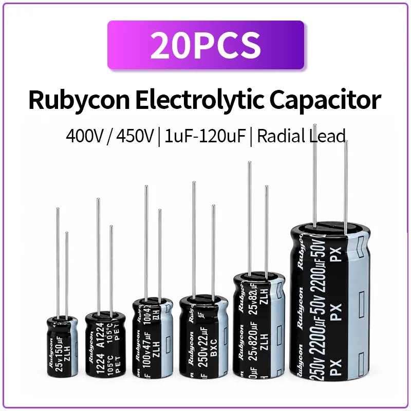 20PCS Rubycon Aluminum Electrolytic Capacitor 400V 450V 1uF-120uF Radial Lead Through Hole High Voltage PCB Component