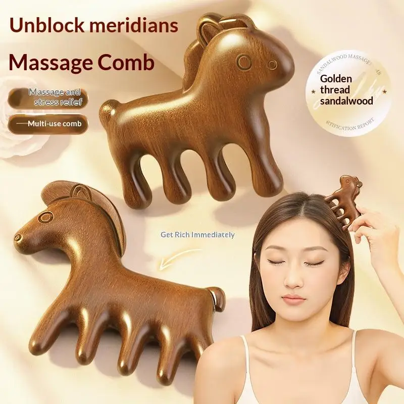 Animal Shape Sandalwood Hair Comb Scalp Relax Acupoint Massager Portable Wooden Handle Five Teeth Comb Anti-Static Styling Tool
