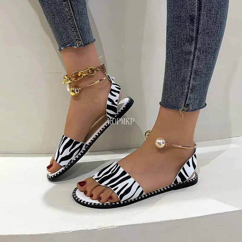 2023 New Summer Women Beaded Pearly Sandals Slippers Shoes Ladies Flats Sandals Flip Flop Casual Flat Slingback Sandals Shoes 43