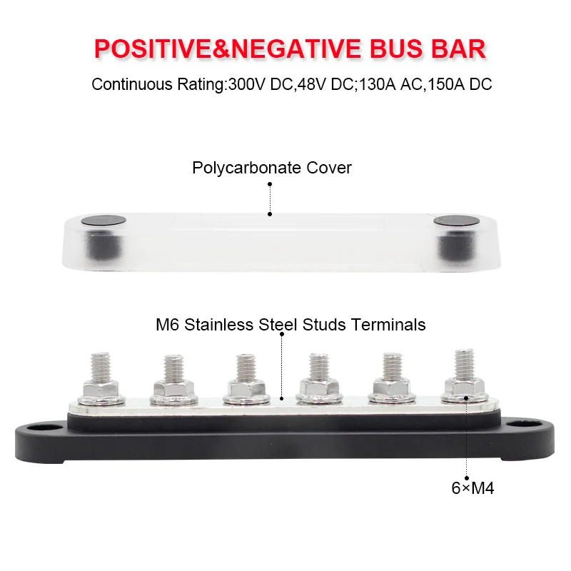 300A Negative Bus Bar 12V Distribution Block  M6 Terminal Studs 48V DC Positive Ground Busbar for Automotive Car Boat