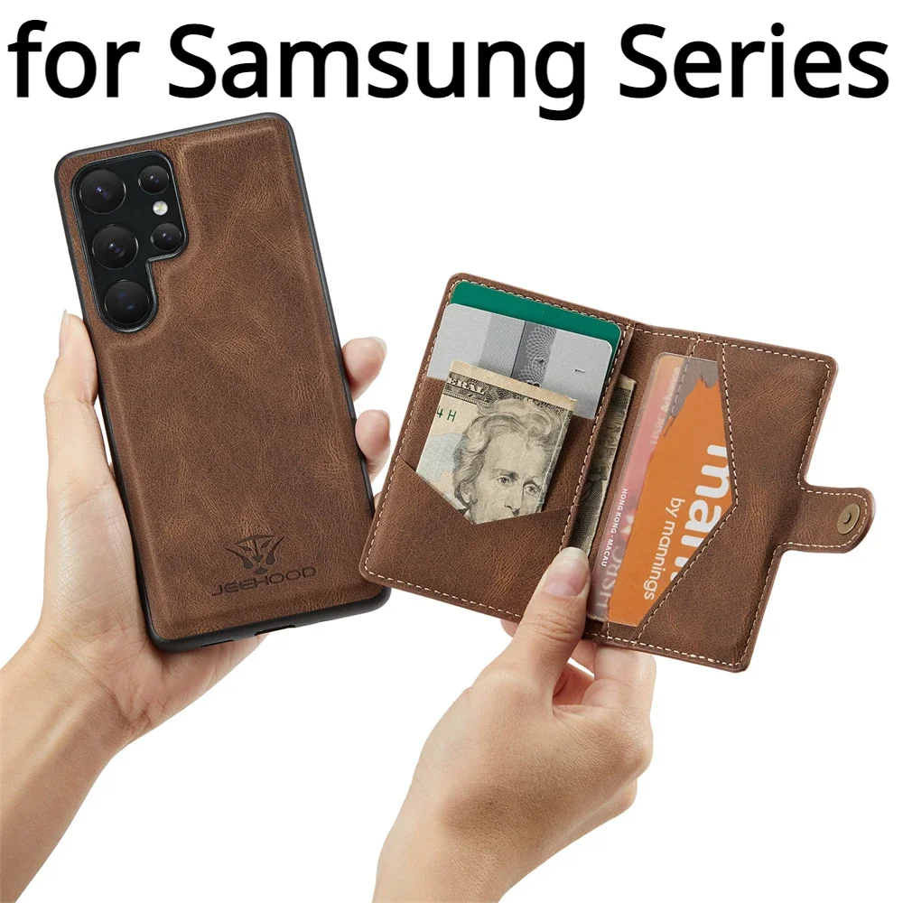 JEEHOOD Wallet Case for Samsung Galaxy S23 S22 S21 S20 Ultra ZFod5 A54 A73 Retro Leather Magnetic Detachable with Trifold Holder