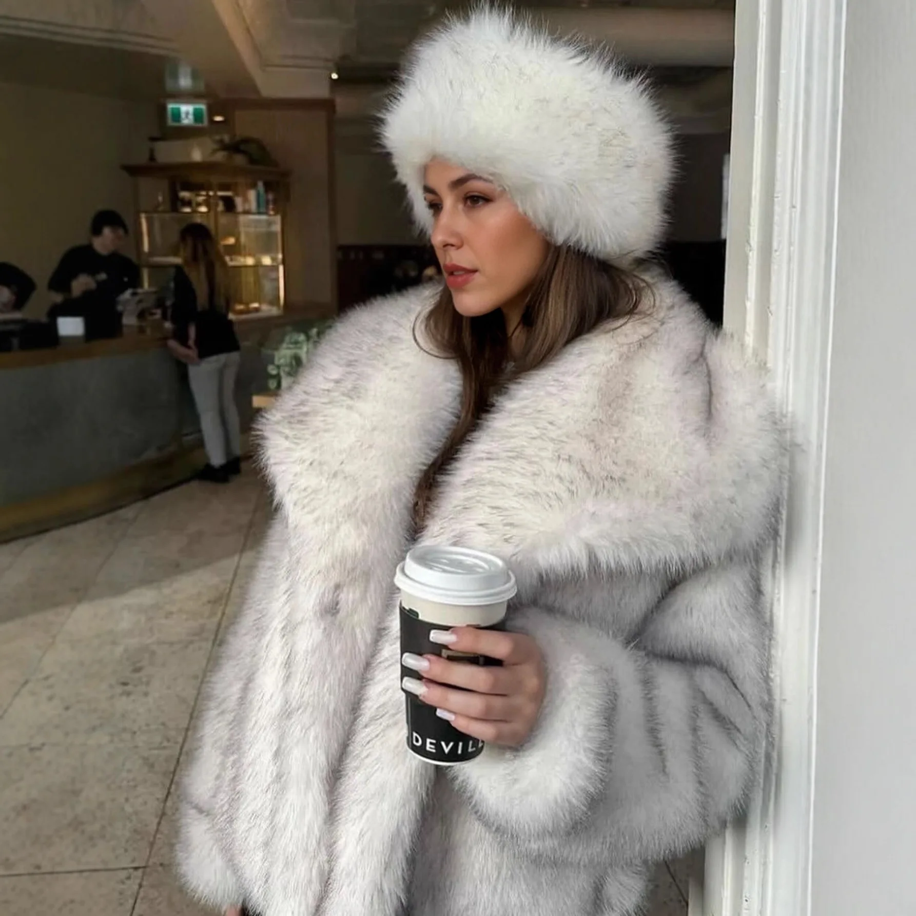 

Clearance Fur Coat Women Warm Furry Long Sleeve Loose V-neek Female Outwear Autumn Winter Fashion Street All Match Lady Overcoat