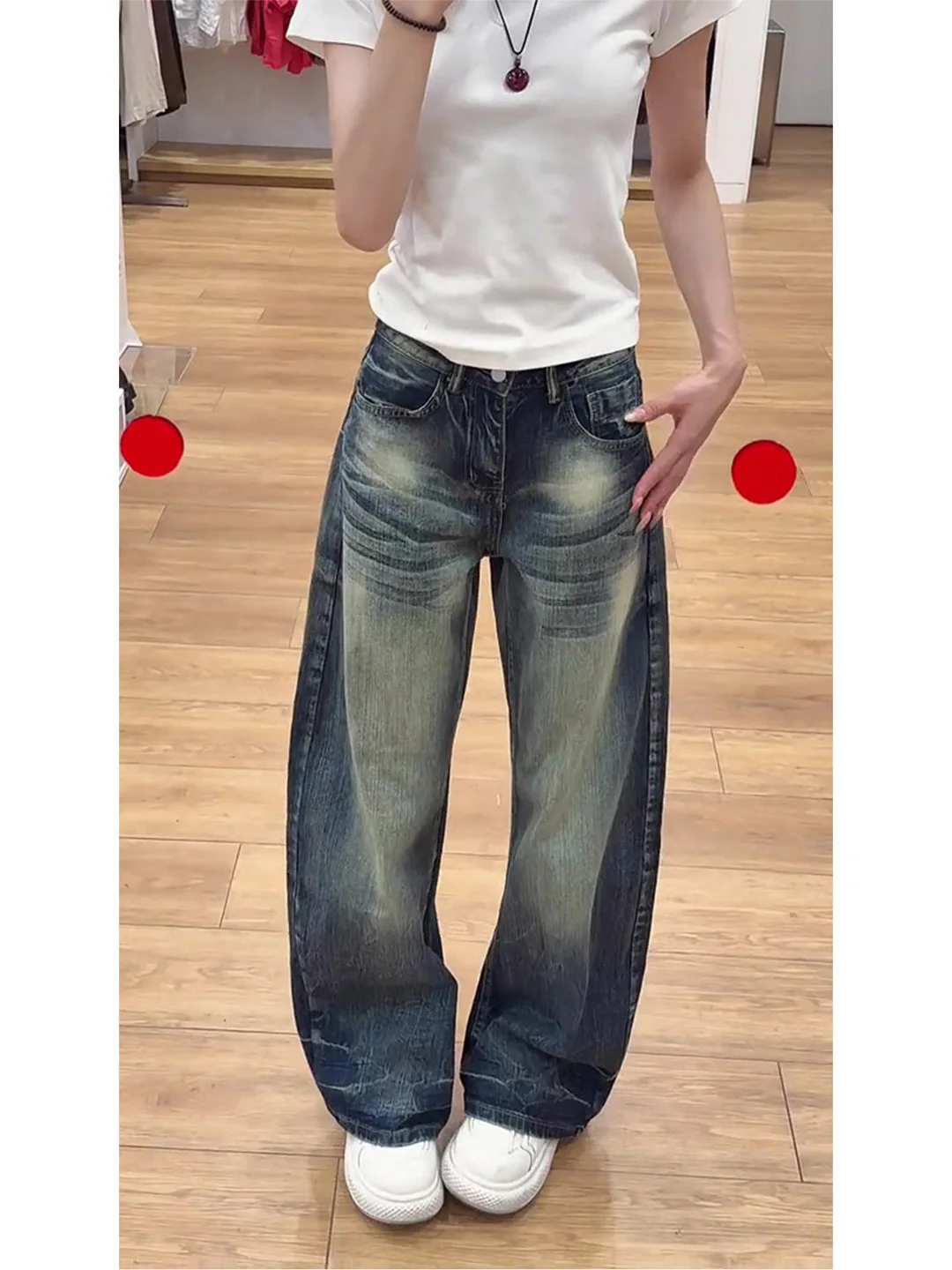 

American Style Faded Denim Jeans High Waist Thin Wide Leg Pants Vintage Summer New Women's Loose Fit Floor Length Trousers