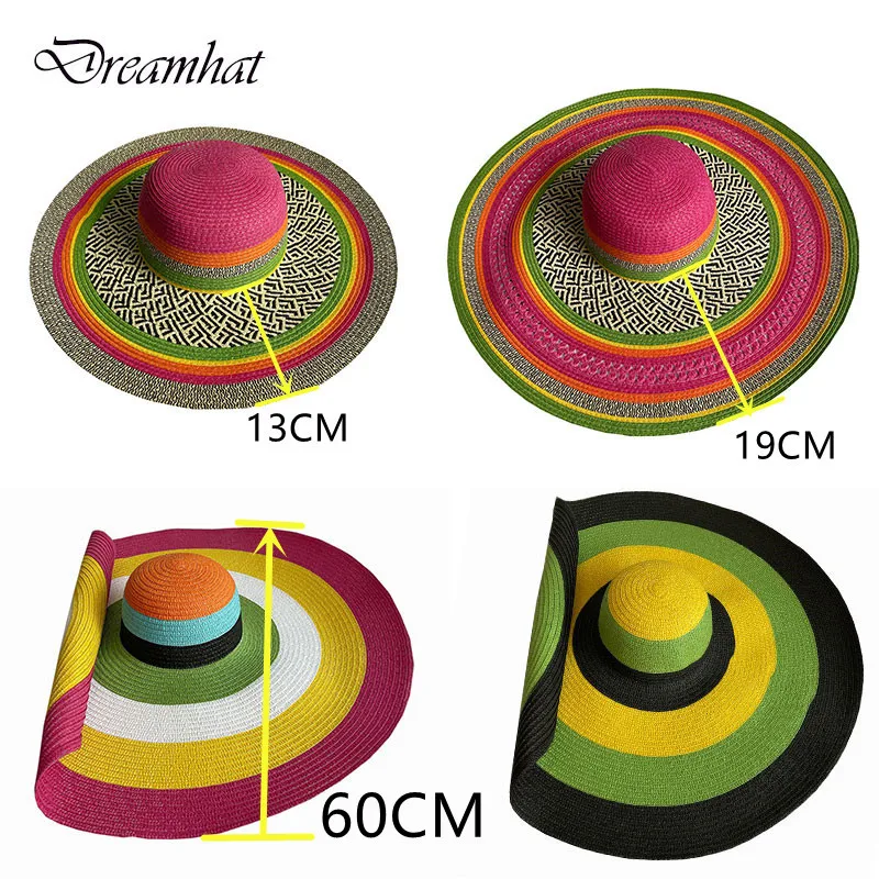 60CM Diameter Big Brim Hat Women\'s Sunshade Sun Hat French Men Women Beach Travel Straw Hat Summer Foldable Sun Hat Wholesale