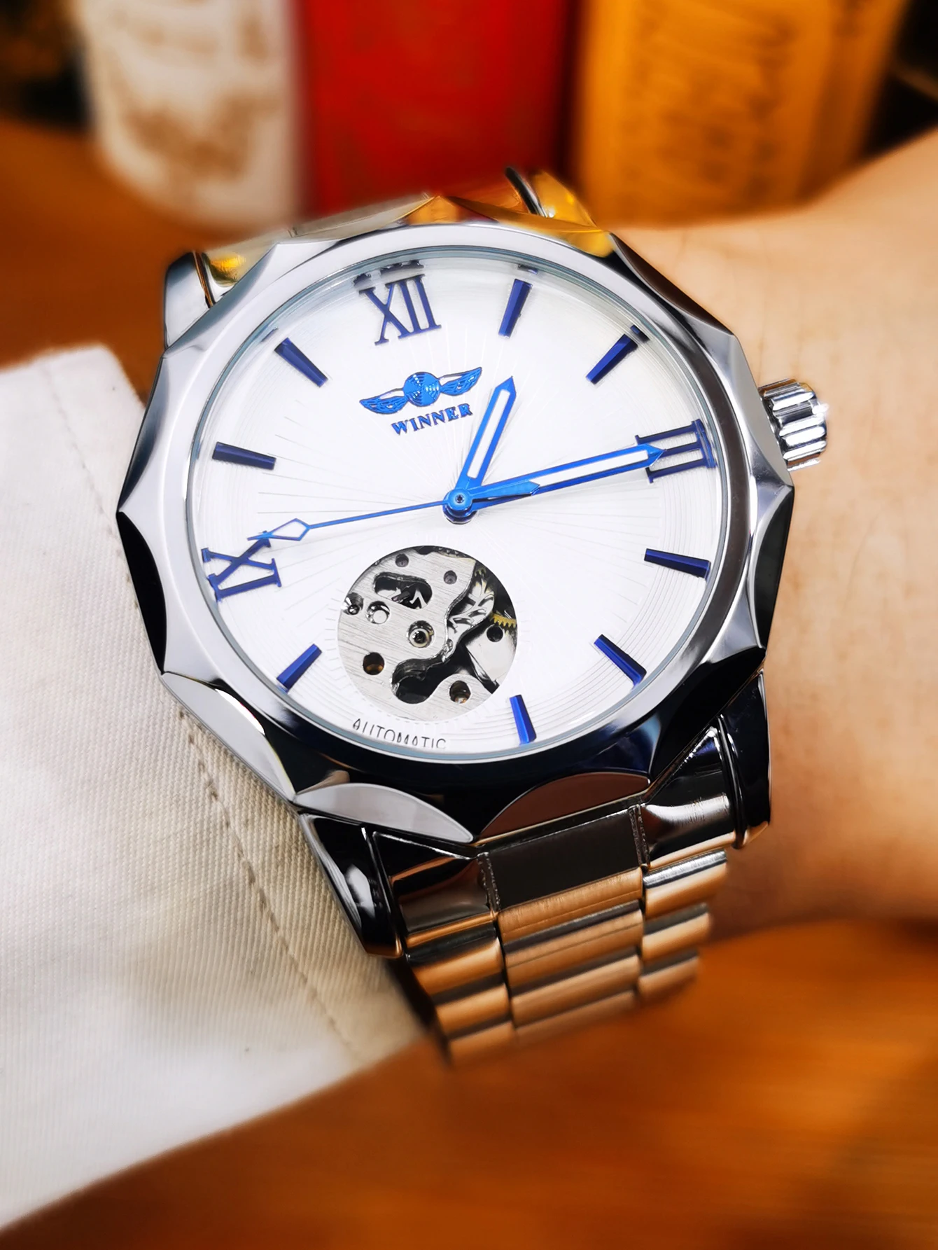 WINNER Business Irregular Skeleton Automatic Mechanical Watch for Men Luminous Hands Leather Steel Strap Fashion Simple Watches