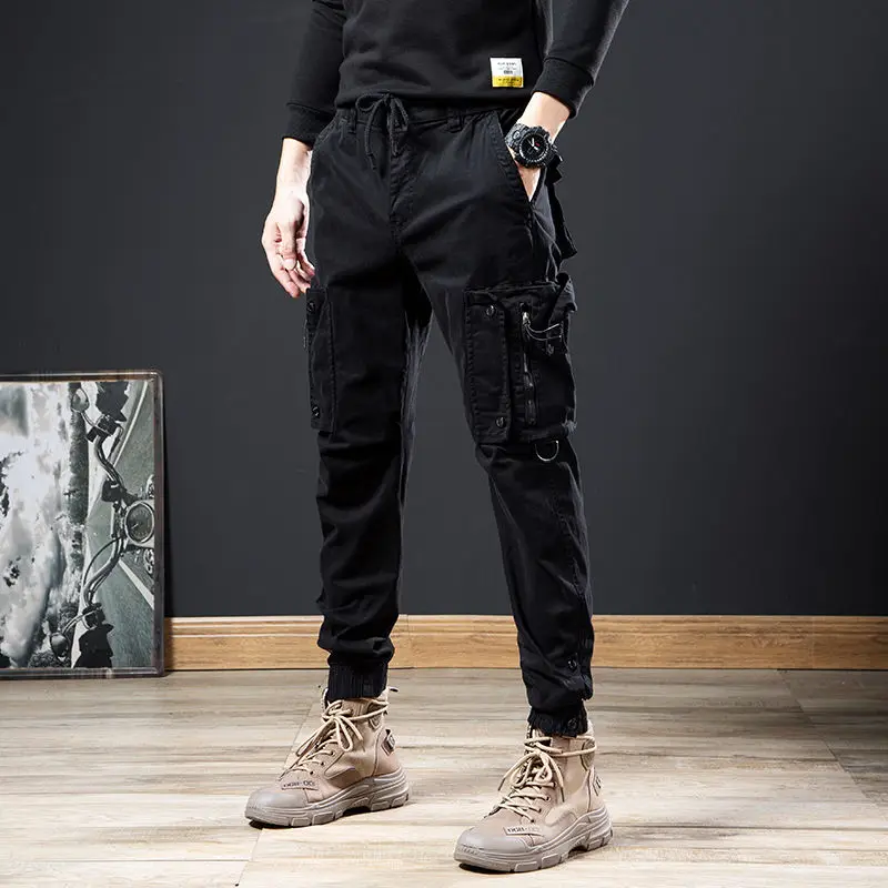 

Work Wear Trousers Man Black Joggers Multipockets Cargo Pants for Men Plain Slacks Loose Regular Fit Korean Style Long Nylon Emo