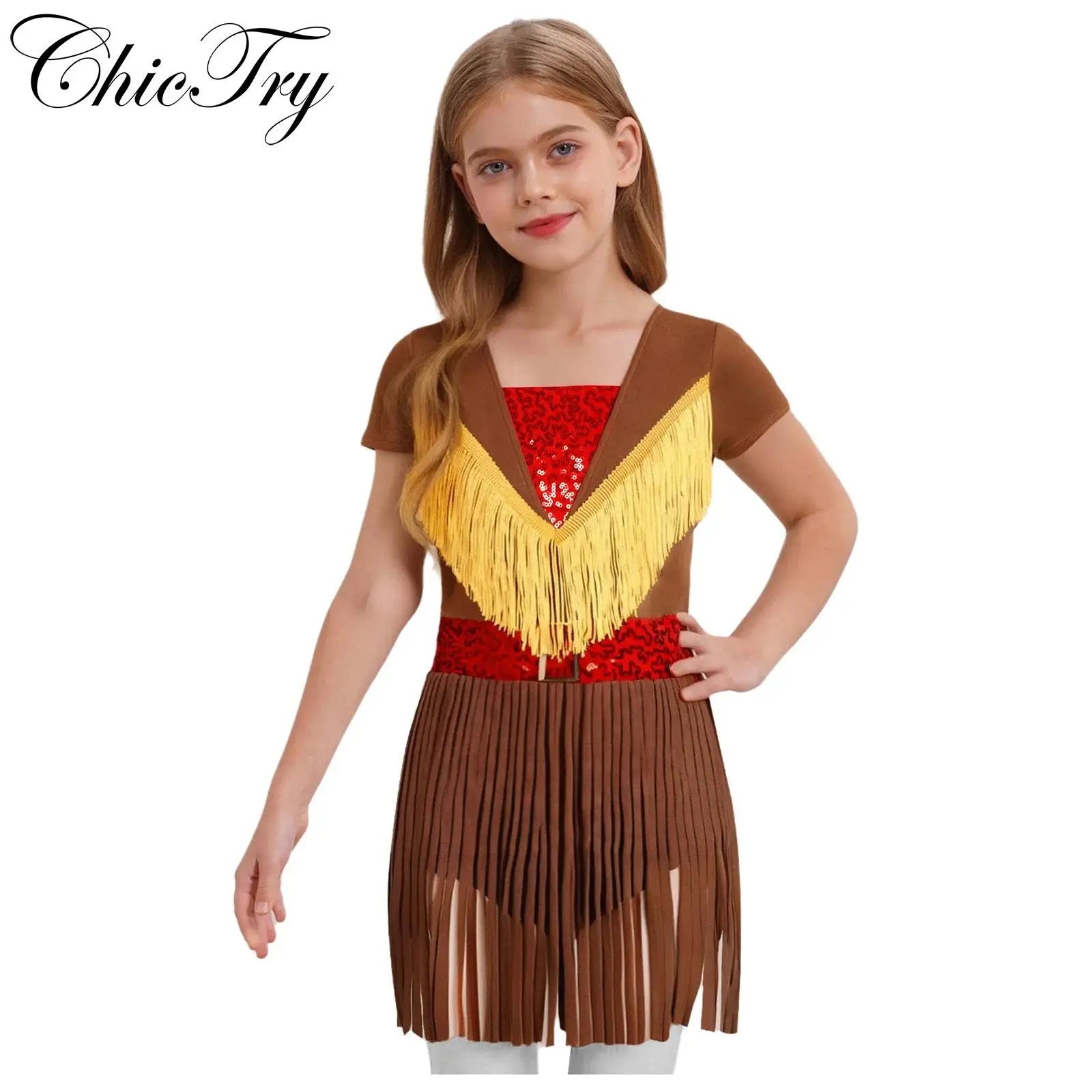 

Kids Girls Cowgirl Costume Halloween Cosplay Party Dress Short Sleeve Tassels Sequin Decorative Band Tassel Hem Roleplay Dress