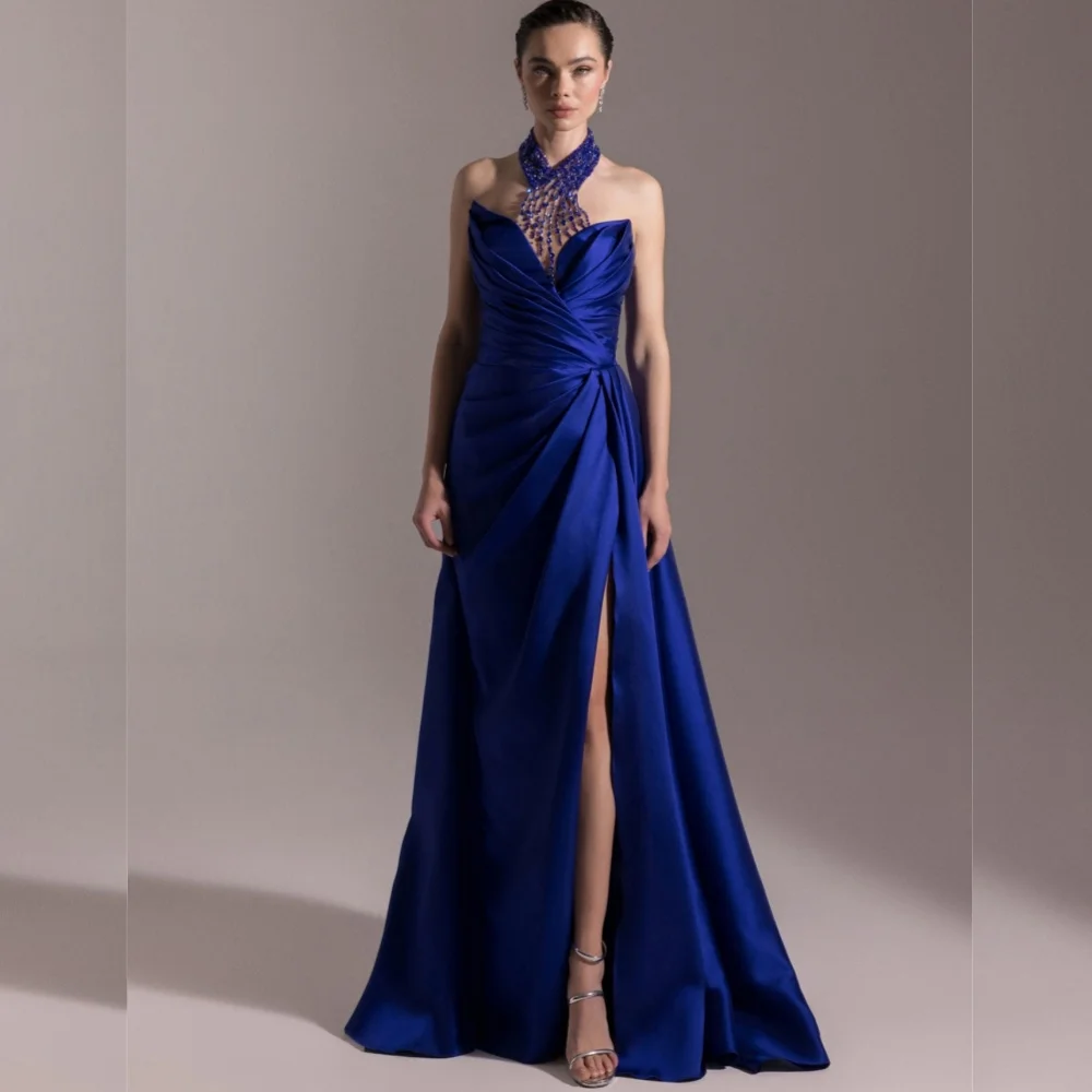 

Customized Classic Exquisite Charmeuse Sequined Pleat A-line Halter Long Dresses Bespoke Occasion Fashion