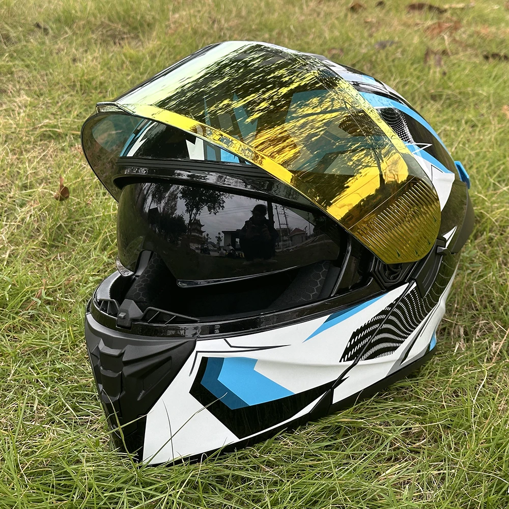 Glossy Blue Motorcycle Helmet with Blue and White Striped Geometric Print in Mecha Style, Dual-Layer Visor Flip-Up Helmet for Men, Japanese Anime Style Full-Face Motorcycle Helmet, Personalized Large Helmet for Men, Suitable for All Seasons, Removable Inner Liner