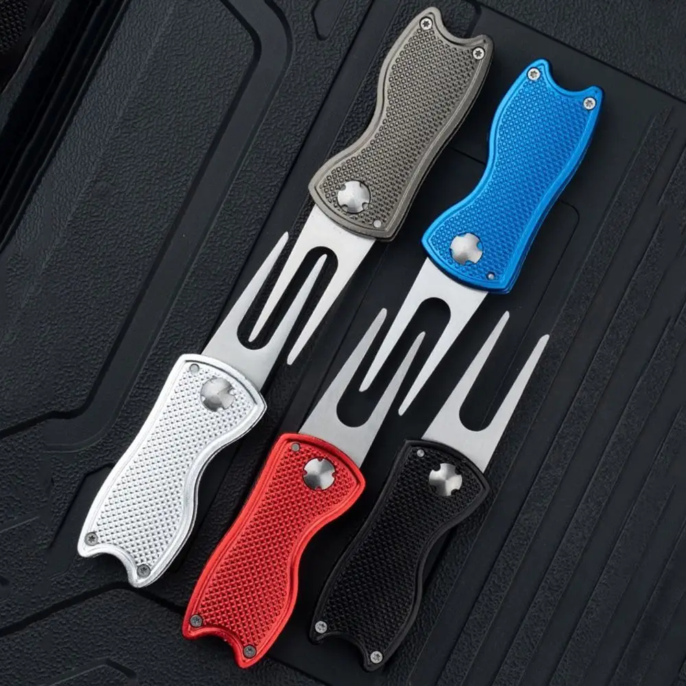 Magnetic Marker Golf Divot Repair Tool Foldable Pop-up Button Putting Green Fork Sturdy Handle Aluminum Alloy Golf Repair Fork