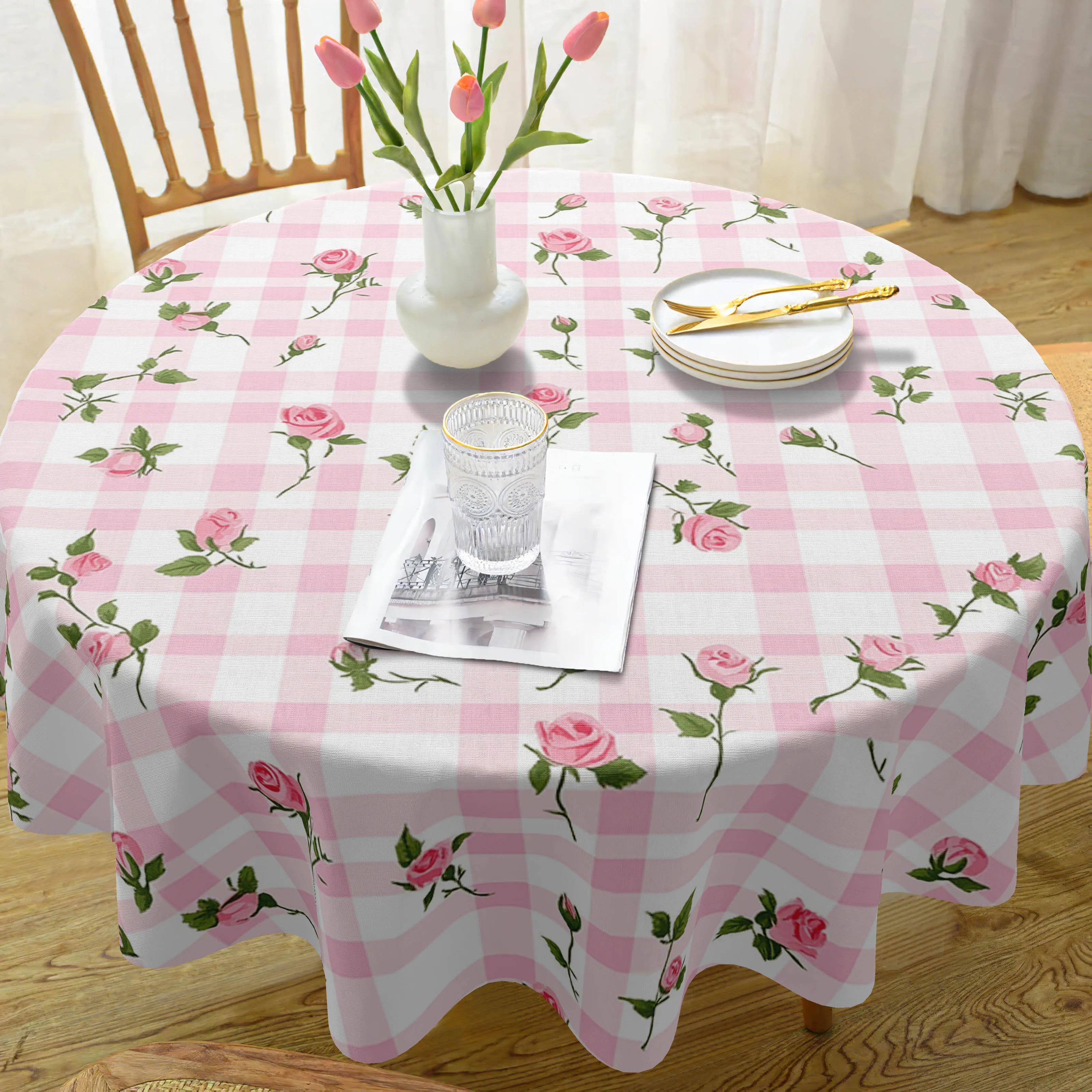 One polyester tablecloth, summer rose-colored tablecloth, rose-pink buffalo checkered tablecloth