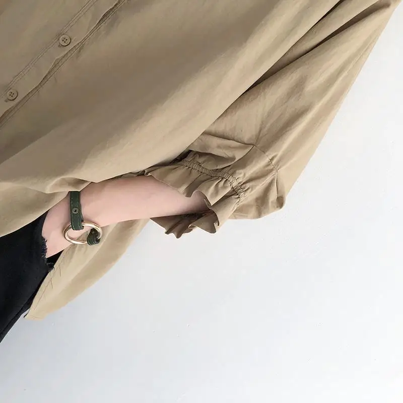 Einfarbiges Rüschenkanten-Laternenärmel-Oberteil mit Sieben-Viertel-Ärmeln Einreihiges Hemd Frühling Sommer Neue Koreanische Version Damen Locker Sitzende Übergrößen-Bluse – Detail 12